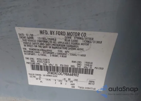 2009 Ford Flex Limited from USA, damaged, VIN 2FMDK53C79BA68902